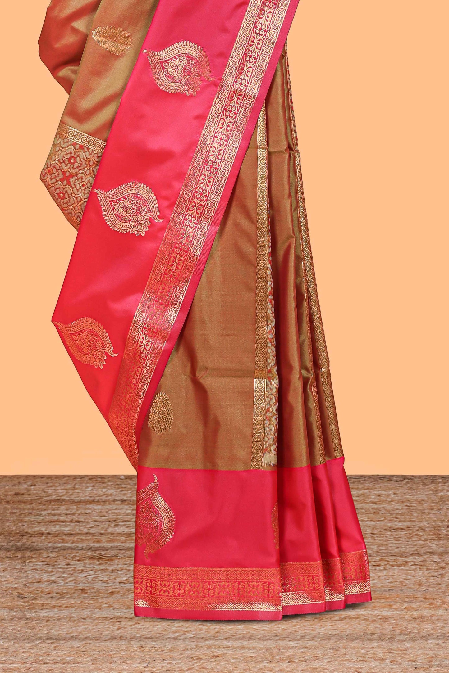Soft silk saree with zari paisley golden  zari motifs and rich zari pallu with contrast big border