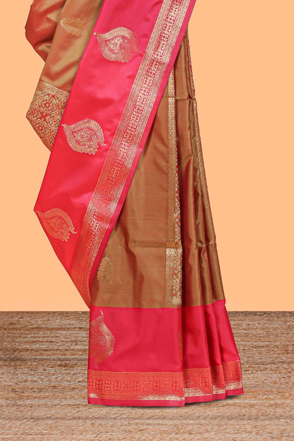 Soft silk saree with zari paisley golden  zari motifs and rich zari pallu with contrast big border
