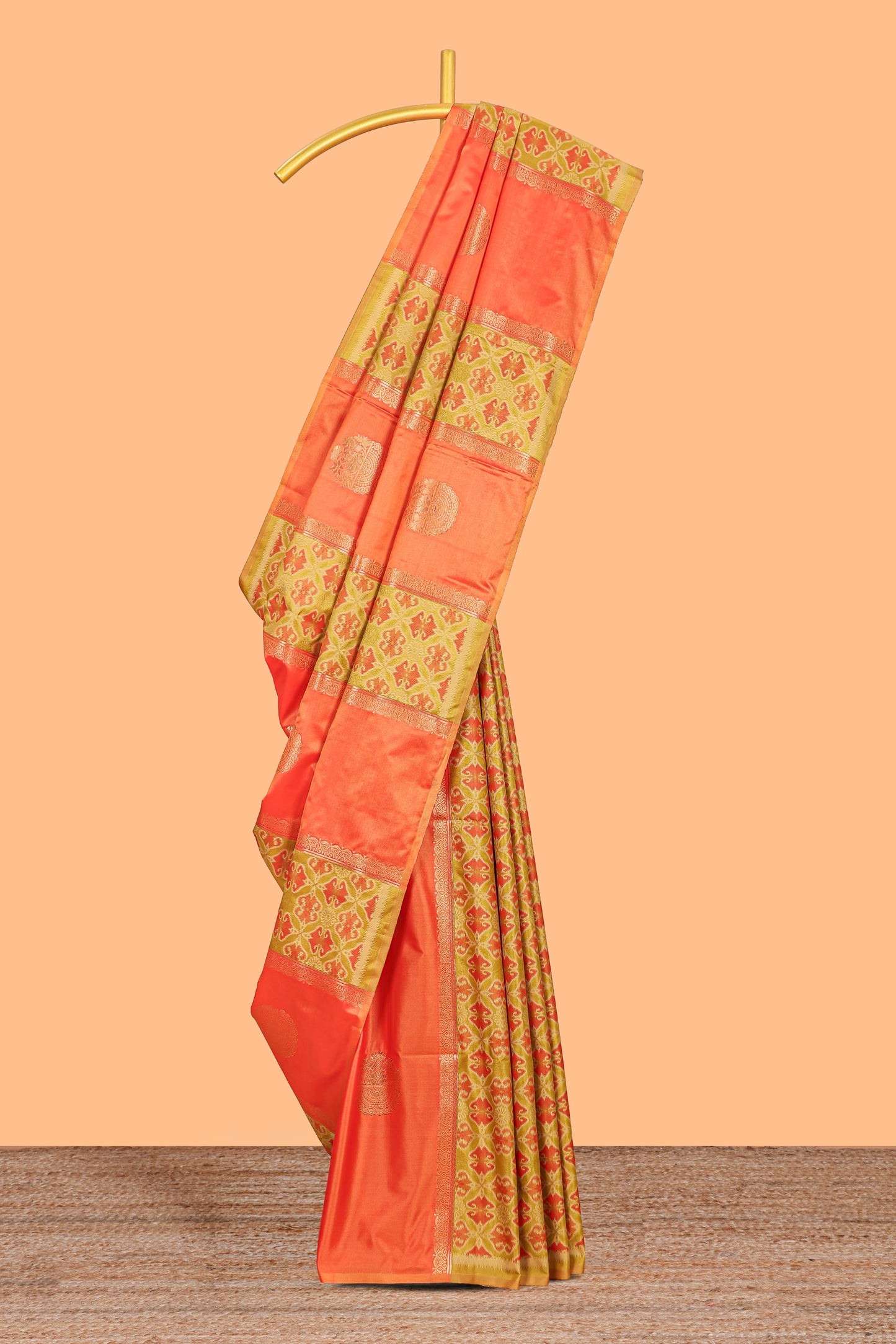 peach semi soft silk saree patola printed body with zari border and rich contrast pallu with contrast blouse