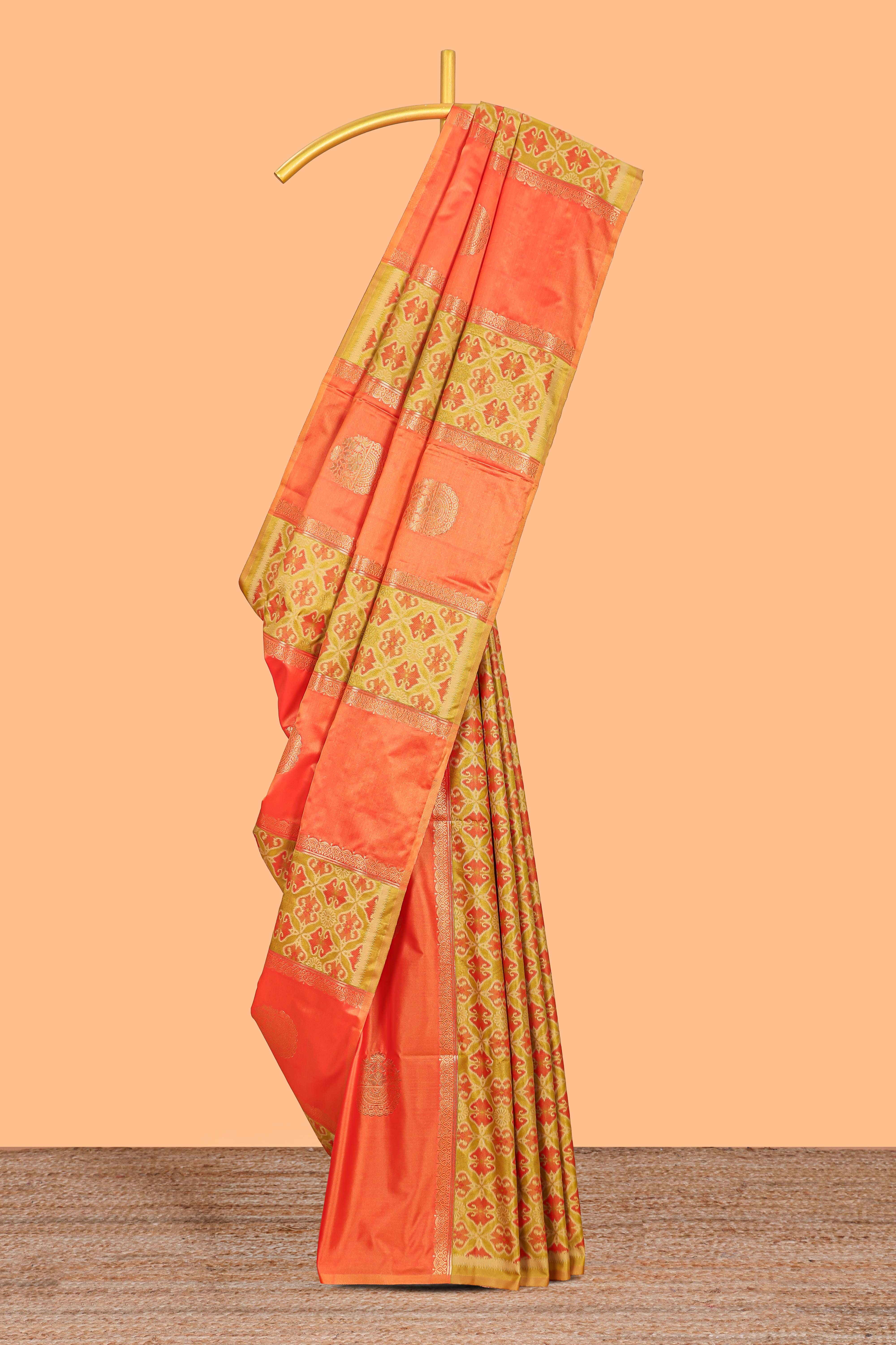 peach semi soft silk saree patola printed body with zari border and rich contrast pallu with contrast blouse