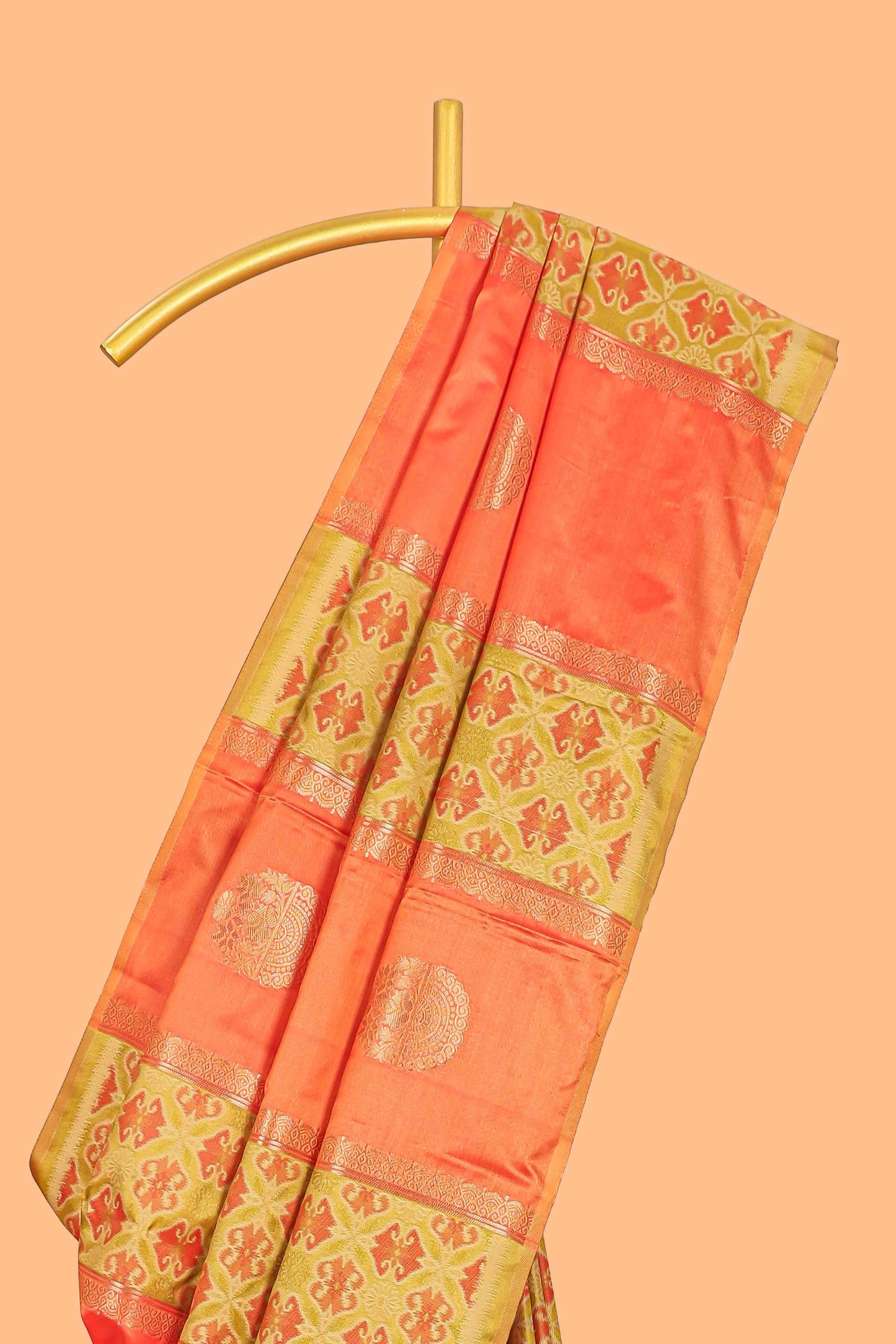 peach semi soft silk saree patola printed body with zari border and rich contrast pallu with contrast blouse