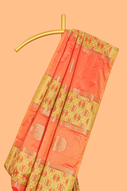 peach semi soft silk saree patola printed body with zari border and rich contrast pallu with contrast blouse