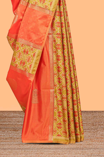 peach semi soft silk saree patola printed body with zari border and rich contrast pallu with contrast blouse