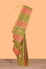 Green semi soft silk saree patola printed body with zari border and rich contrast pallu with contrast blouse