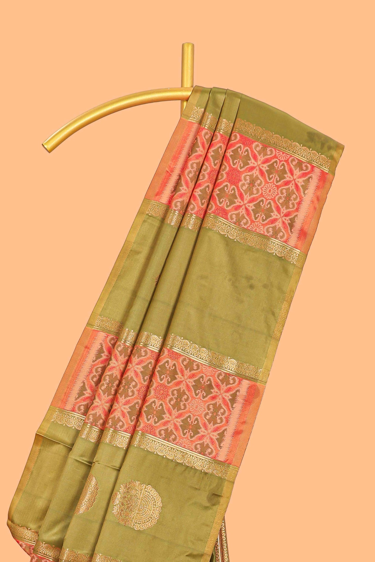 Green semi soft silk saree patola printed body with zari border and rich contrast pallu with contrast blouse