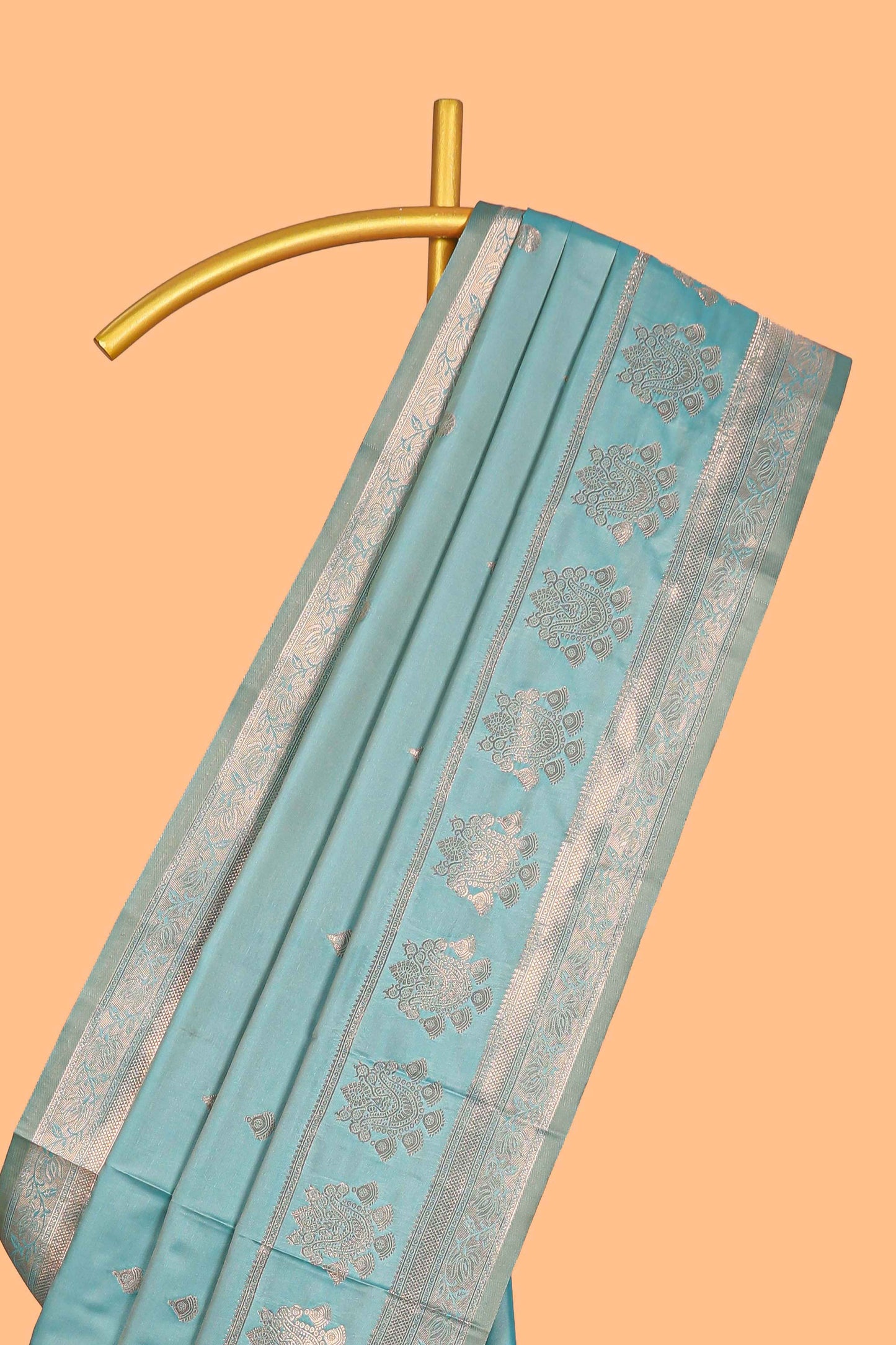 Sky blue semi soft silk saree silver motifs and matching floral zari border contrast pallu and blouse