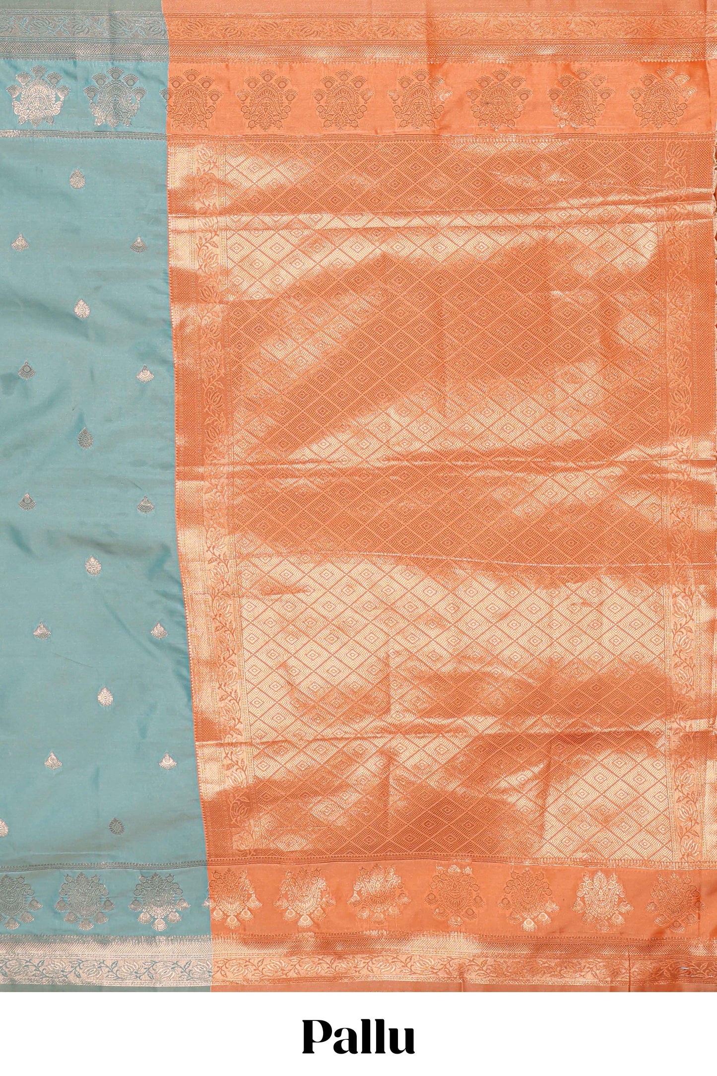 Sky blue semi soft silk saree silver motifs and matching floral zari border contrast pallu and blouse
