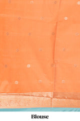 Sky blue semi soft silk saree silver motifs and matching floral zari border contrast pallu and blouse