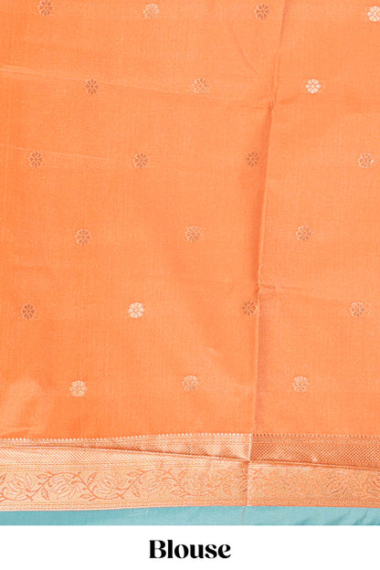 Sky blue semi soft silk saree silver motifs and matching floral zari border contrast pallu and blouse