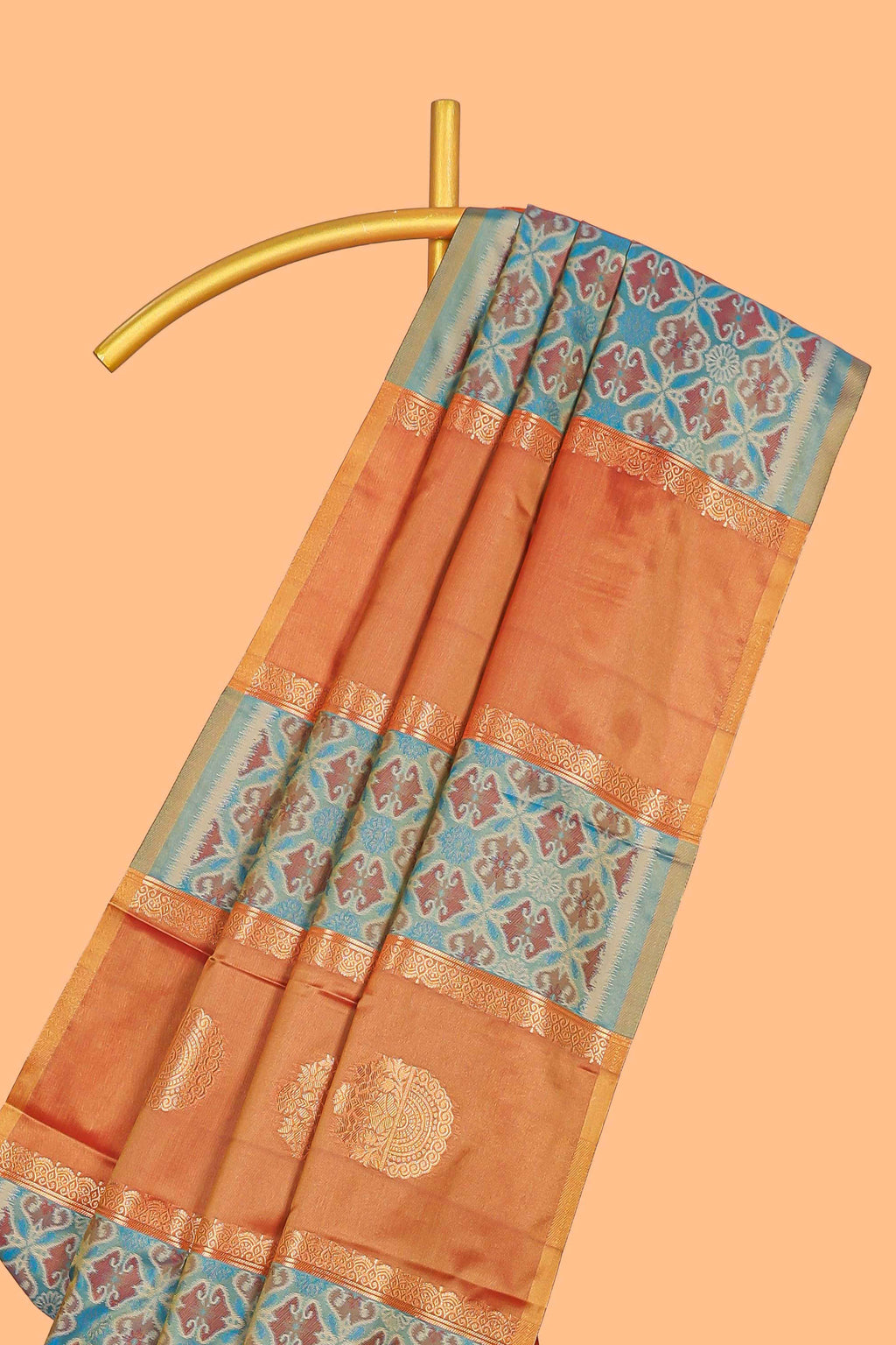 Rust orange semi soft silk saree patola printed body with zari border and rich contrast pallu with contrast blouse