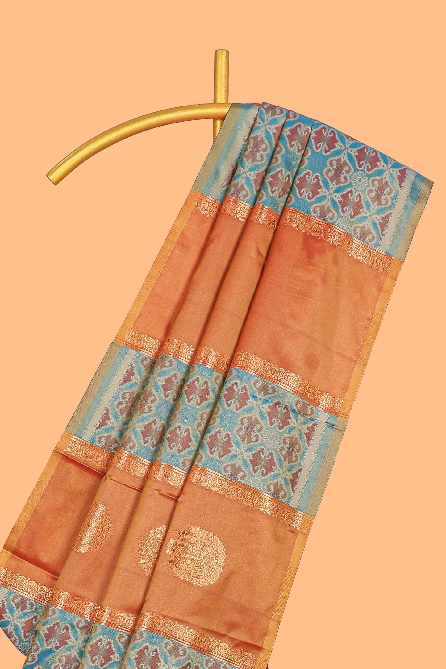 Rust orange semi soft silk saree patola printed body with zari border and rich contrast pallu with contrast blouse