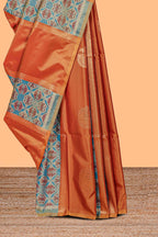 Rust orange semi soft silk saree patola printed body with zari border and rich contrast pallu with contrast blouse