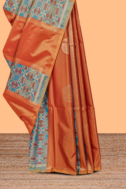 Rust orange semi soft silk saree patola printed body with zari border and rich contrast pallu with contrast blouse