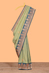 Green colour semi soft silk all over zari striped pattern with contrast zari weaving border and contrast buttas weaving blouse