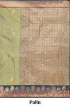 Green colour semi soft silk all over zari striped pattern with contrast zari weaving border and contrast buttas weaving blouse