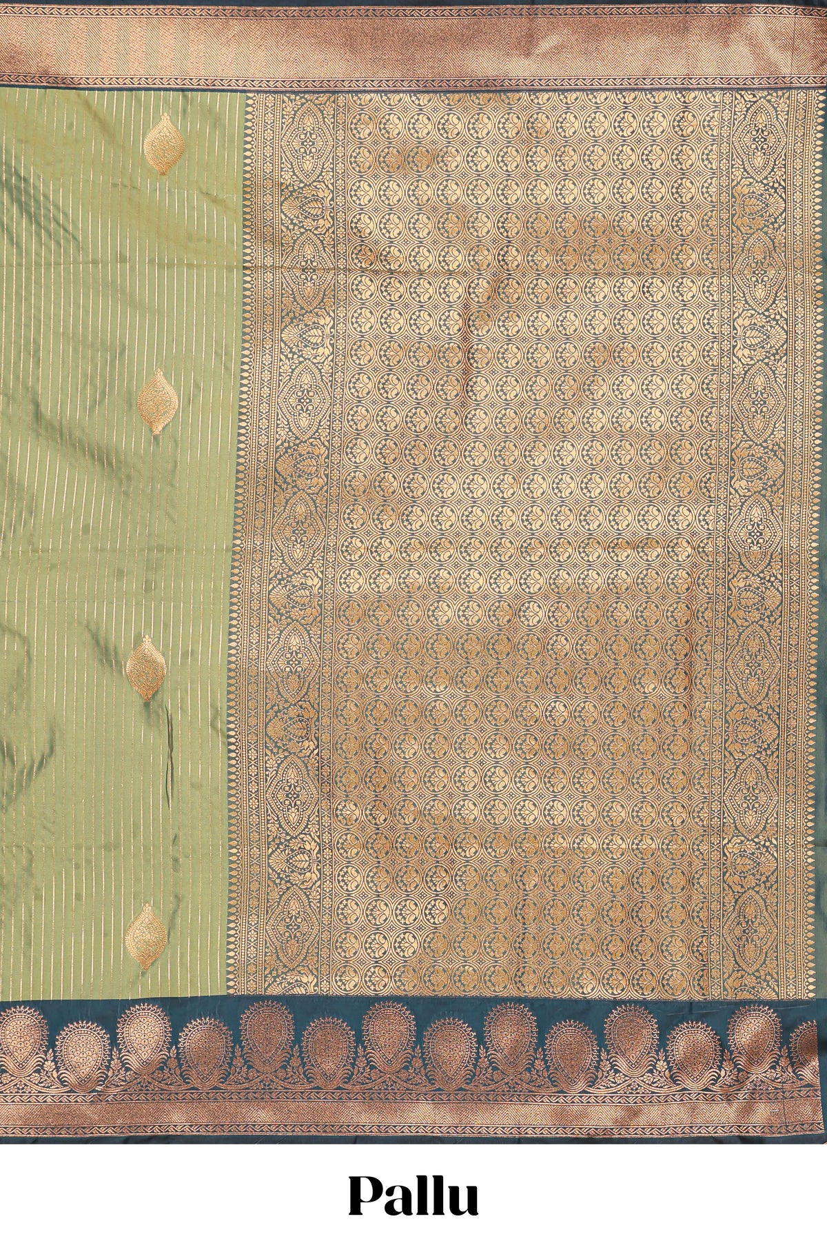 Green colour semi soft silk all over zari striped pattern with contrast zari weaving border and contrast buttas weaving blouse