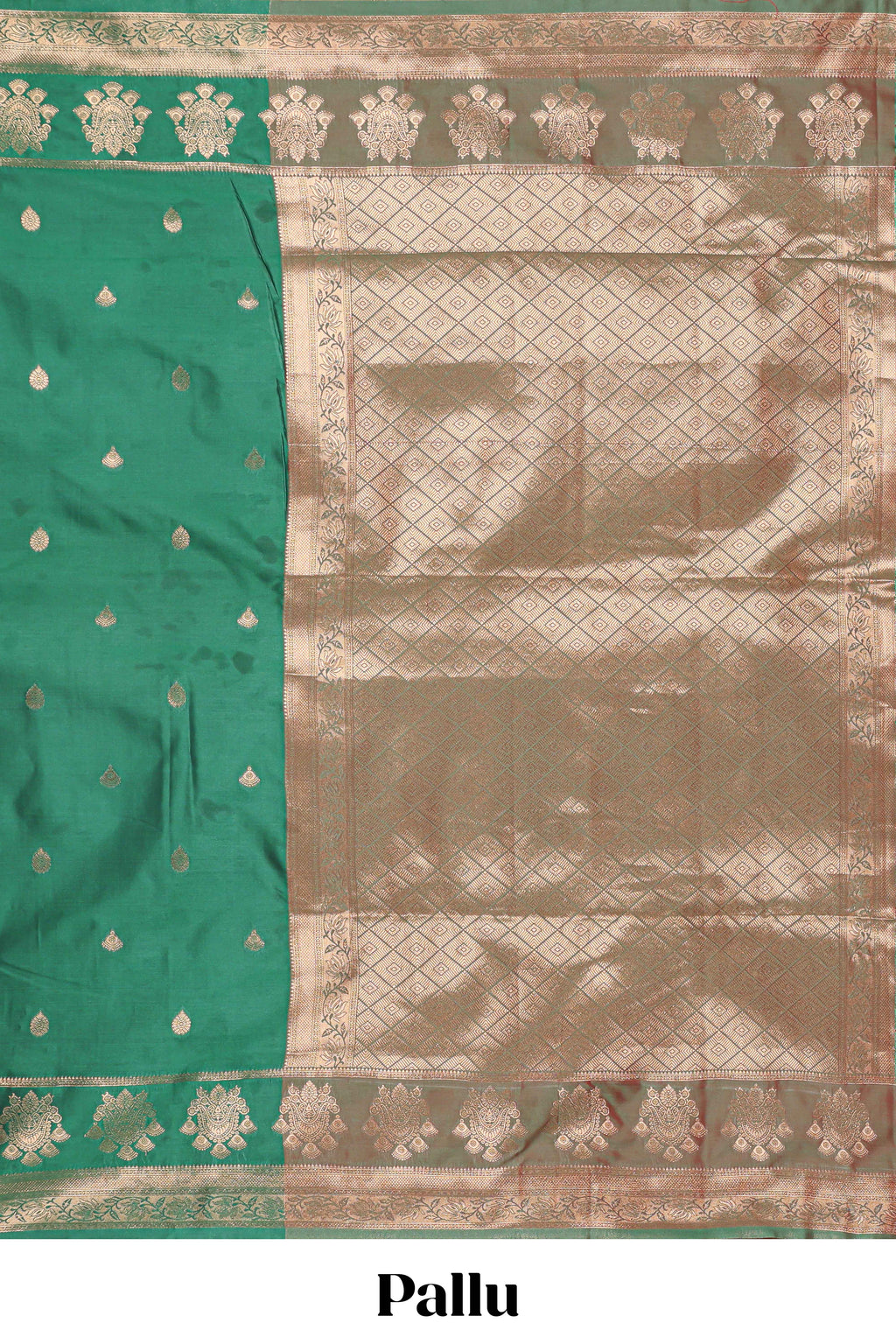 Bottle Green colour semi soft silk all over zari weave motifs with zari weaving border and contrast buttas weaving blouse