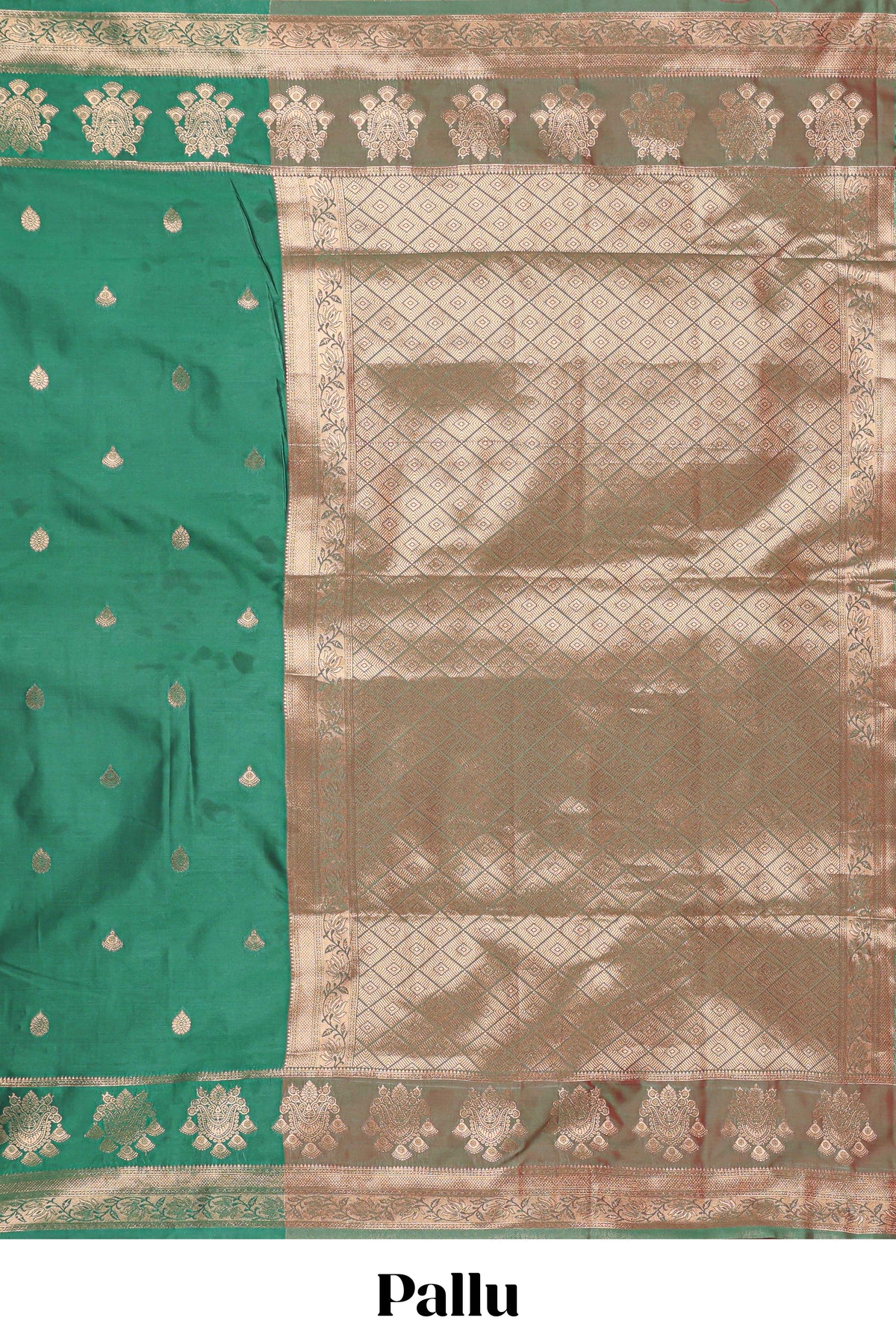 Bottle Green colour semi soft silk all over zari weave motifs with zari weaving border and contrast buttas weaving blouse
