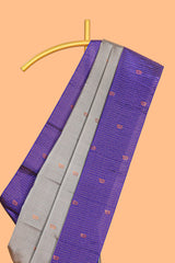 Grey colour semi soft silk all over thread weave flower and stripes pattern with Contrast border and contrast buttas blouse