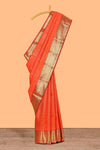 Orange colour semi soft silk all over checked pattern andContrast zari weaving border and contrastblouse