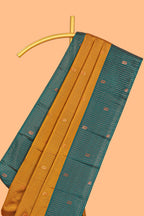 Mustard Yellow colour semi soft silk all over thread weave flower and stripes pattern with Contrast border and contrast buttas blouse