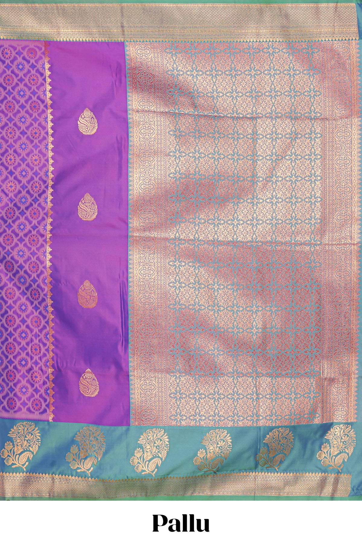Royal Purple colour semi soft silk Zari-Woven Floral and Peacock Motifs with Gold-Tone Zari border and contrast buttas blouse