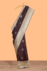 Wine Brown Semi Silk Saree Gold Zari Woven Paisley Motifs with Woven Zari Border and Contrast Blouse