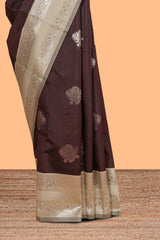 Wine Brown Semi Silk Saree Gold Zari Woven Paisley Motifs with Woven Zari Border and Contrast Blouse