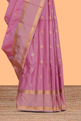 Pink checked zari motifs design saree with self zari border and matching blouse