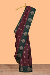 Maroon striped zari motifs design saree with contrast zari border and plain blouse