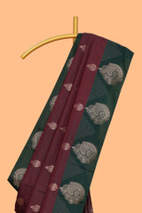 Maroon striped zari motifs design saree with contrast zari border and plain blouse