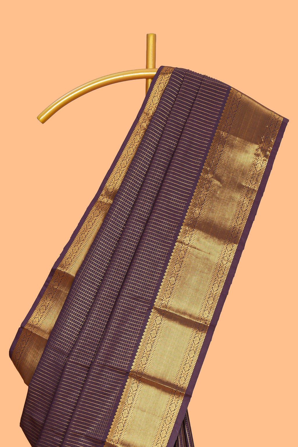 Dark mauve zari checked design semi soft silk saree with self zari border and matching blouse