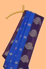 Blue zari striped & floral motifs design semi soft silk saree with contrast zari border and plain blouse