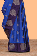 Blue zari striped & floral motifs design semi soft silk saree with contrast zari border and plain blouse