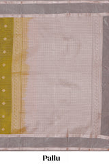 Mustard zari checked motifs design semi soft silk saree with contrast border and blouse