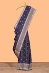 Berry blue zari checked motifs design semi soft silk saree with contrast border and blouse