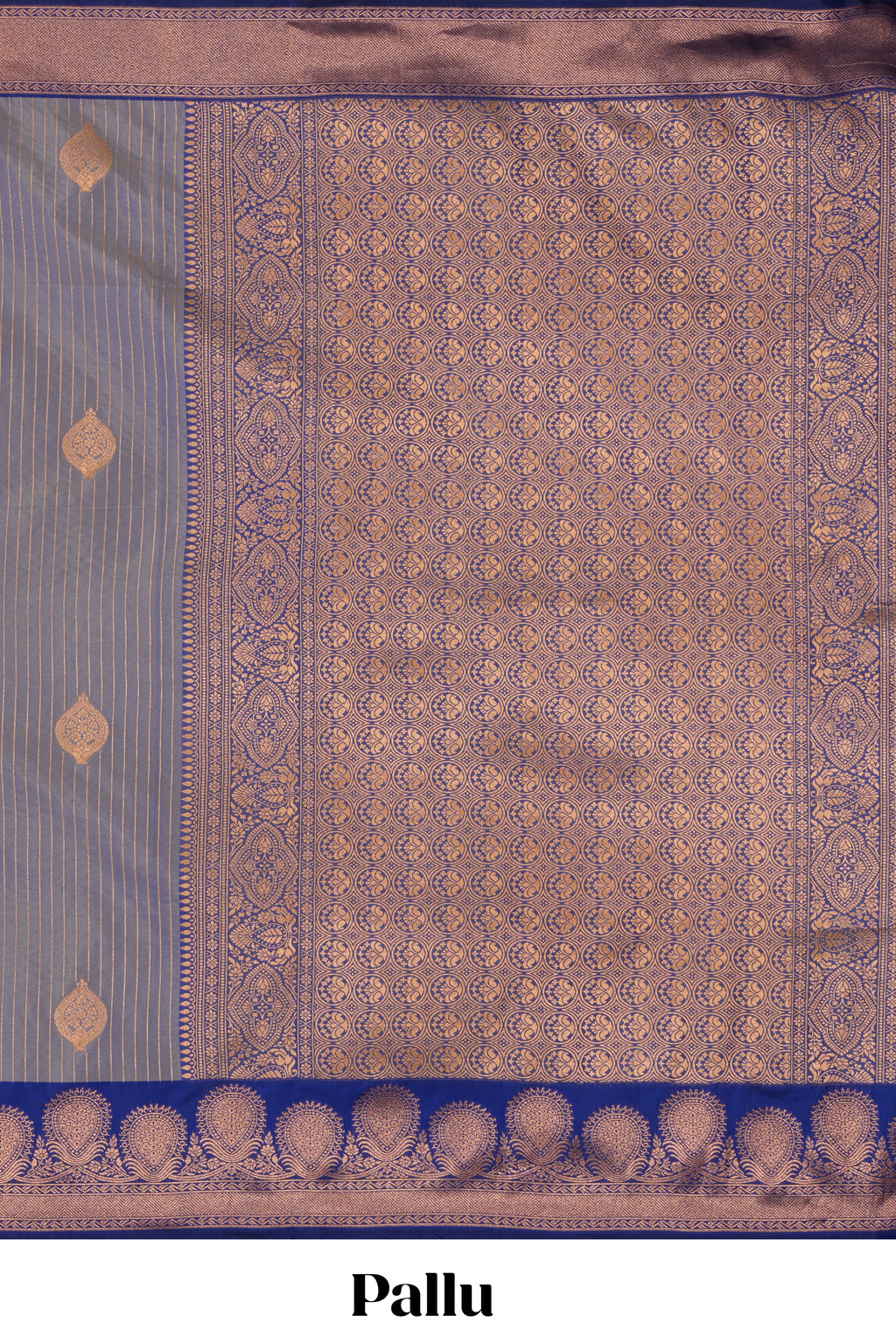 Grey zari striped motifs design semi soft silk saree with contrast border and blouse