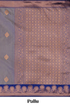 Grey zari striped motifs design semi soft silk saree with contrast border and blouse