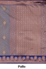Grey zari striped motifs design semi soft silk saree with contrast border and blouse