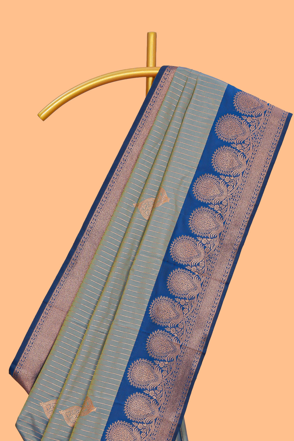 Tempered grey striped zari motifs design semi soft silk saree with contrast zari border and motifs blouse