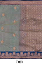 Tempered grey striped zari motifs design semi soft silk saree with contrast zari border and motifs blouse