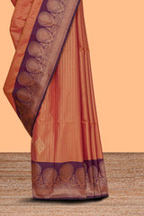 Orange striped zari motifs design semi soft silk saree with contrast zari border and motifs blouse