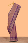 Dark peach striped zari motifs design semi soft silk saree with contrast zari border and motifs blouse