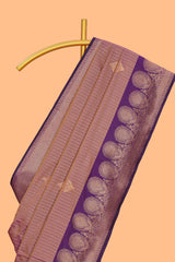Dark peach striped zari motifs design semi soft silk saree with contrast zari border and motifs blouse