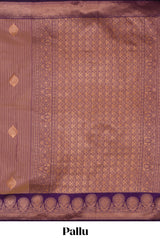 Dark peach striped zari motifs design semi soft silk saree with contrast zari border and motifs blouse