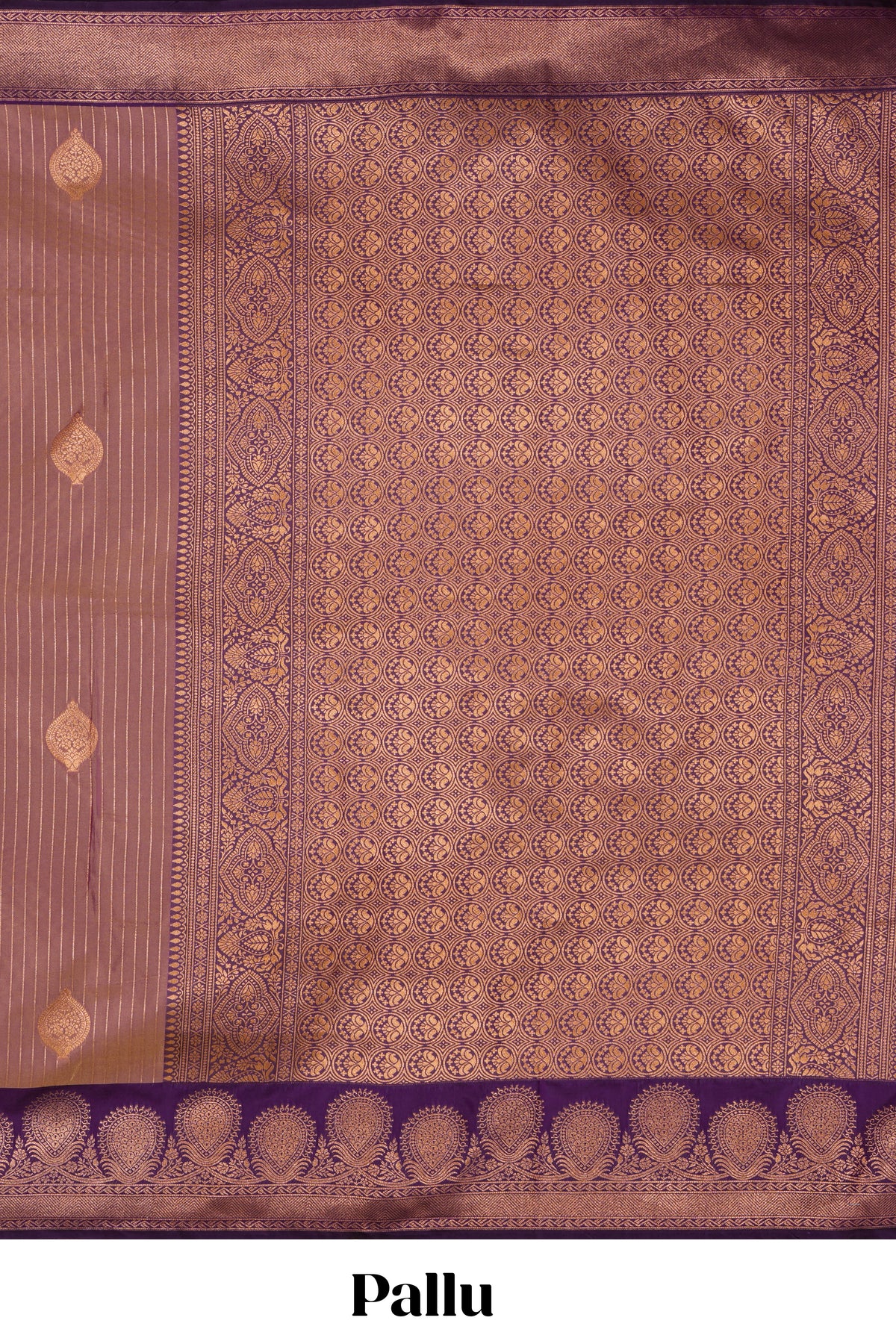 Dark peach striped zari motifs design semi soft silk saree with contrast zari border and motifs blouse