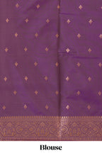 Dark peach striped zari motifs design semi soft silk saree with contrast zari border and motifs blouse