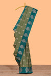 Green striped zari motifs design semi soft silk saree with contrast zari border and plain blouse