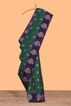 Dark green striped zari motifs design semi soft silk saree with contrast zari border and plain blouse