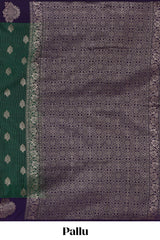Dark green striped zari motifs design semi soft silk saree with contrast zari border and plain blouse